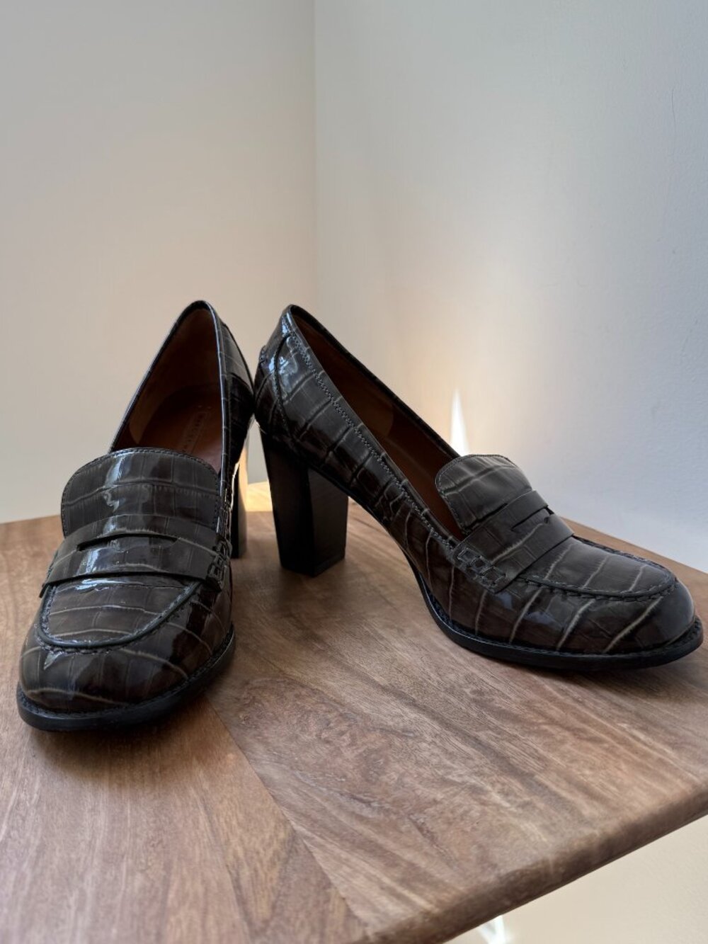 MARC BY MARC JACOBS Olive Brown Croc-Embossed Patent Leather Loafer Block Heels